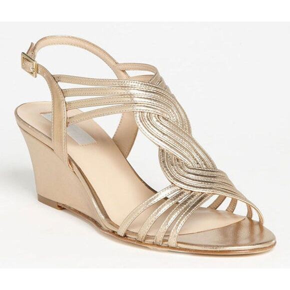 L.K. Bennett Metallic Gold Leather Dunes Caged Strappy Wedge Sandals - Picture 1 of 12